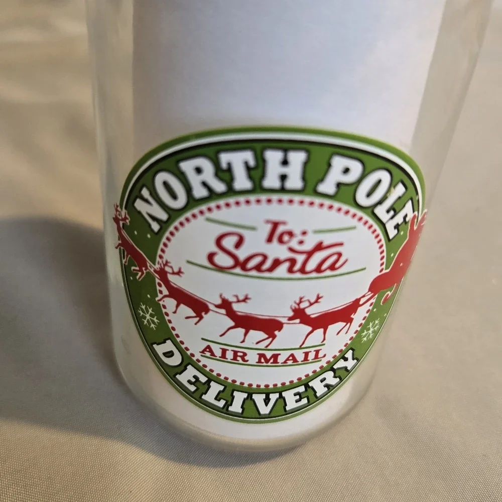 North Pole Delivery Santa Glass Milk Bottle Red Lid Straw Christmas Holiday